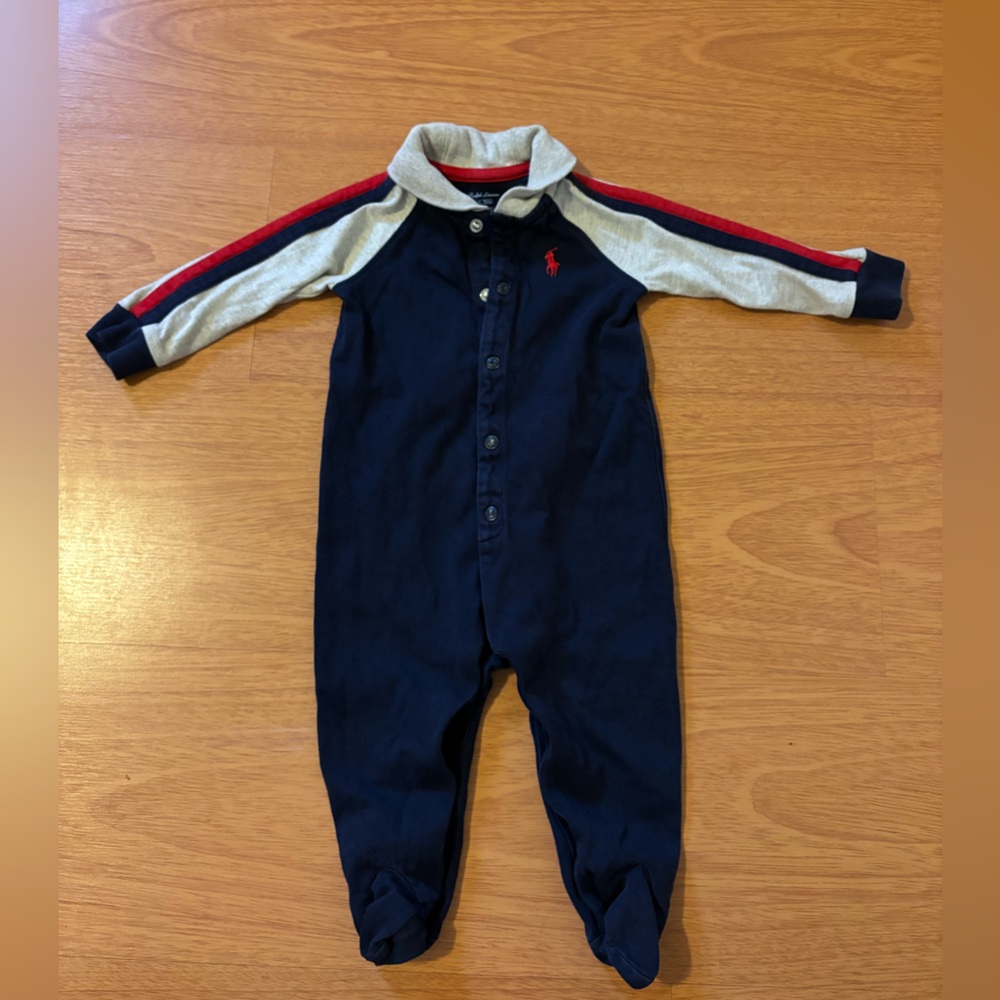 Ralph Lauren Navy Footie with Gray and Red Accents